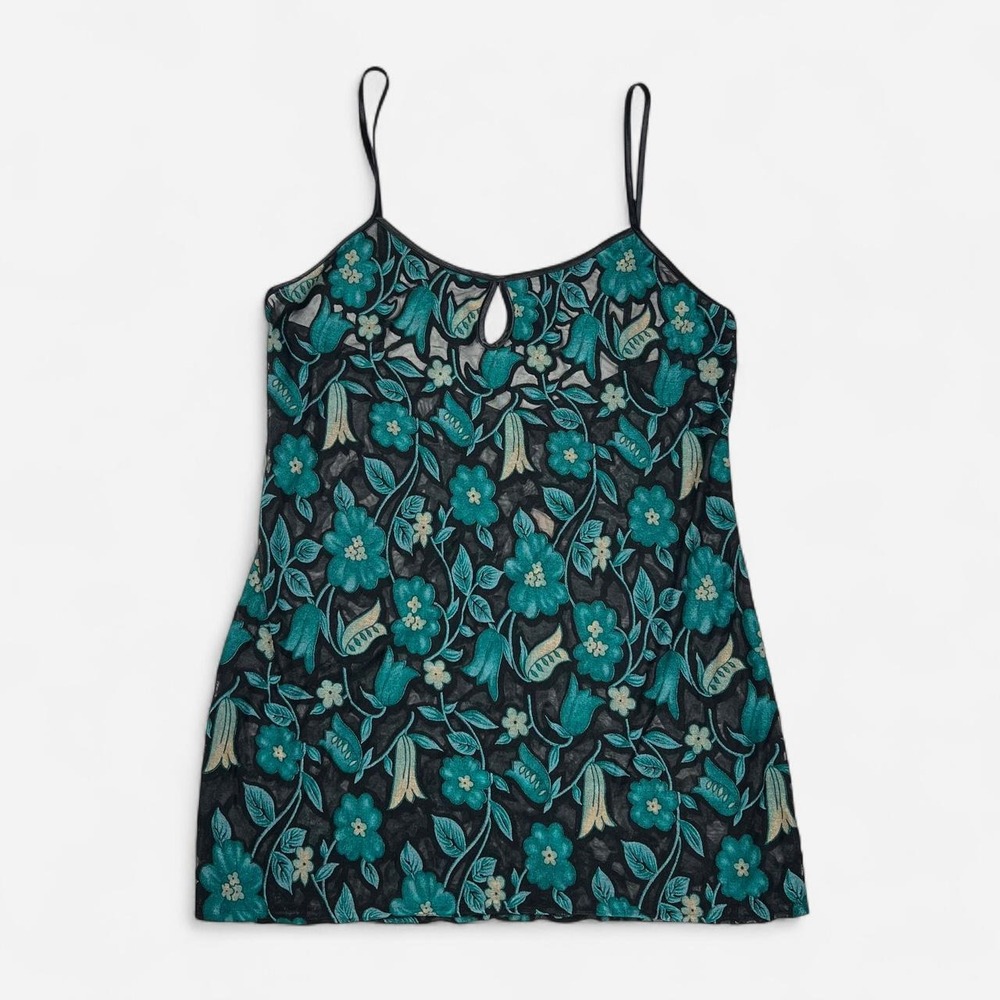 Vintage Angelique Green Teal‎ Floral Mesh Sheer Slip Cami Top